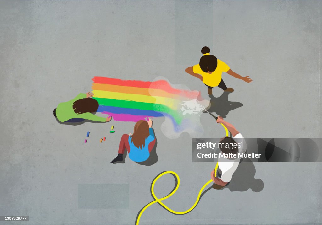 Frustrated woman confronting man hosing off sidewalk chalk rainbow