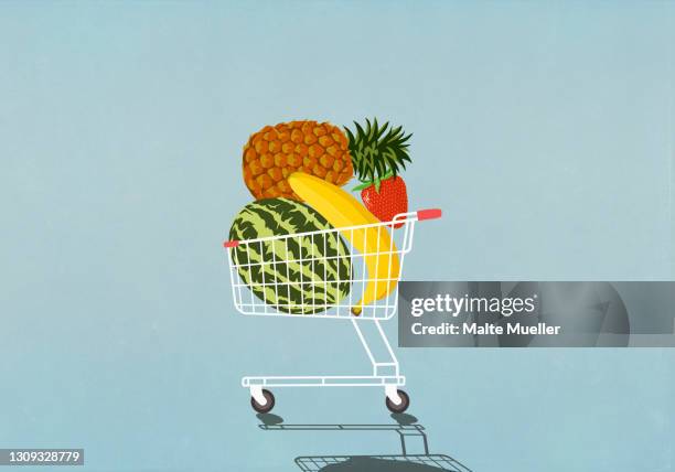 bildbanksillustrationer, clip art samt tecknat material och ikoner med shopping cart full of fresh fruit - kundvagn
