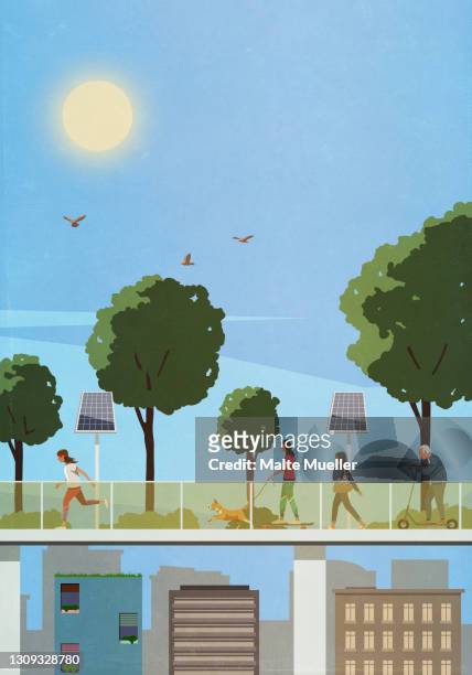 pedestrians on elevated walkway with solar panels above city - business stock illustrations