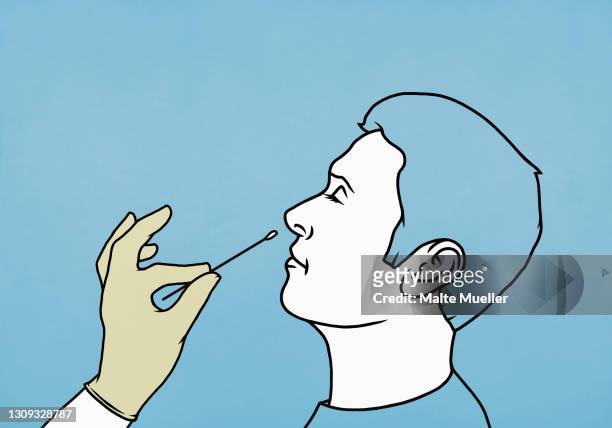 ilustraciones, imágenes clip art, dibujos animados e iconos de stock de man getting nose swab covid-19 test - head back