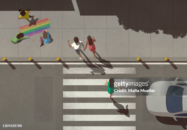 view from above pedestrians crossing street by kids coloring rainbow on sidewalk - drawing activity stock illustrations