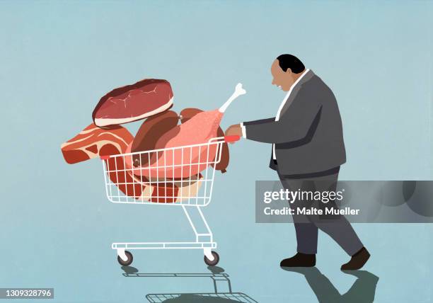 stockillustraties, clipart, cartoons en iconen met overweight businessman with shopping cart full of meat - high angle view