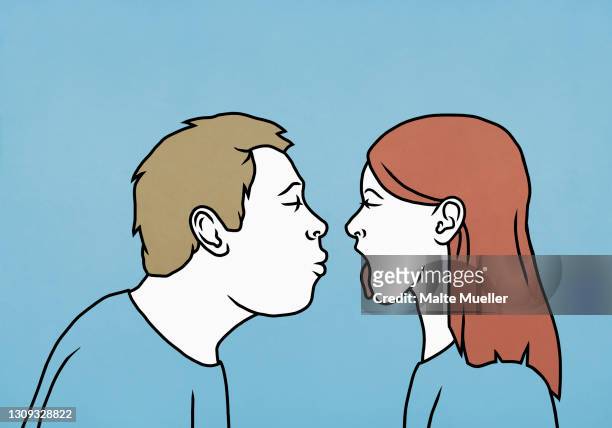 contrasting couple sticking tongue out and kissing - frustration illustration stock illustrations