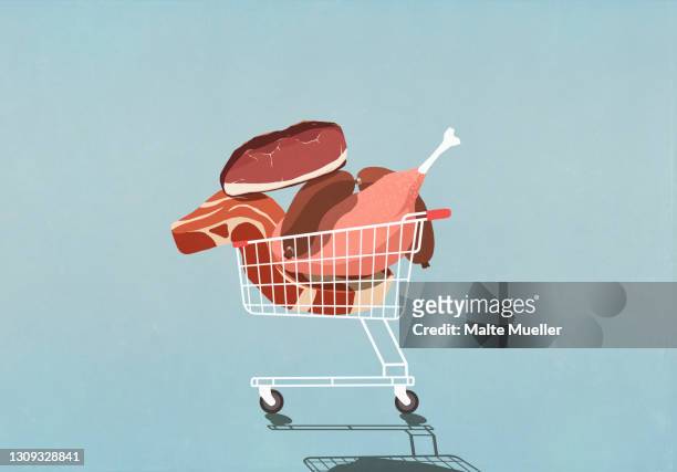 shopping cart full of meat - fleisch stock-grafiken, -clipart, -cartoons und -symbole