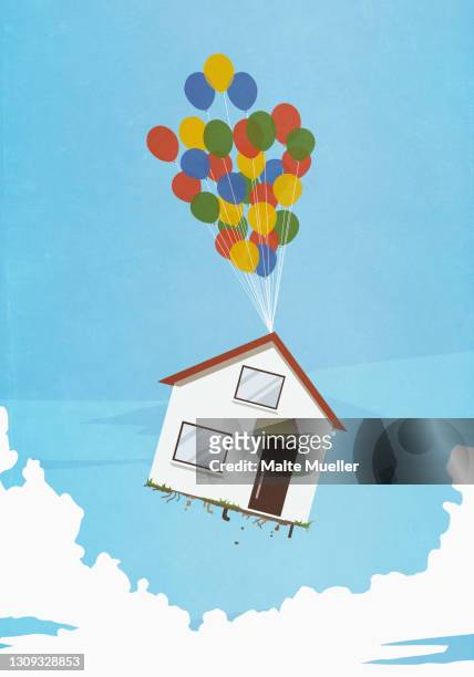 helium balloons lifting house into sky - life events stock illustrations