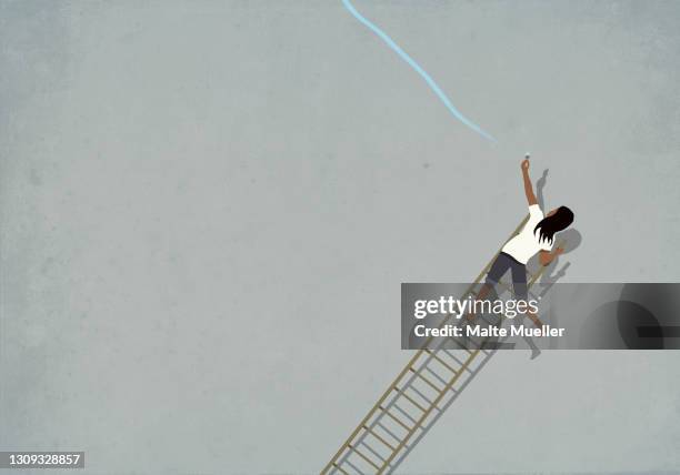 woman trying to paint blue line on falling ladder - dilemma morale stock illustrations