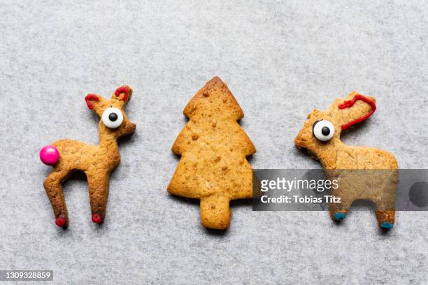 cute gingerbread reindeer and christmas tree cookies - sapin de noel humour photos et images de collection