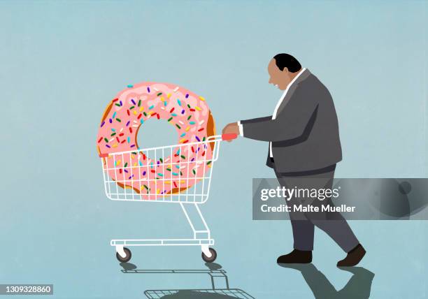 stockillustraties, clipart, cartoons en iconen met overweight businessman pushing large donut in shopping cart - high angle view