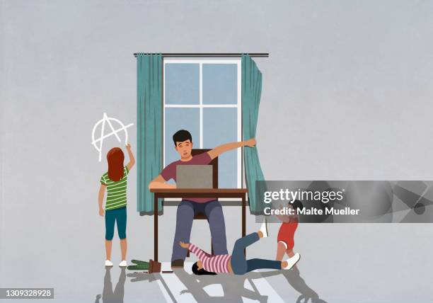 children distracting father working from home - distracted stock illustrations