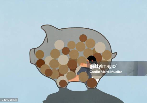 woman inside piggy bank with coins - financial anxiety stock illustrations