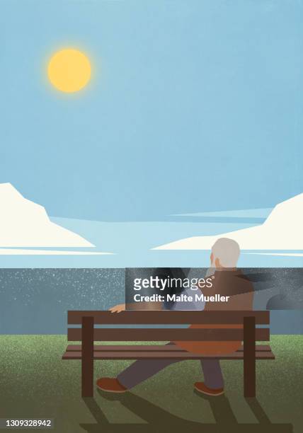 stockillustraties, clipart, cartoons en iconen met serene senior man on bench enjoying idyllic sunny lake view - pensioen