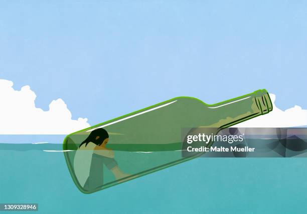 stockillustraties, clipart, cartoons en iconen met depressed woman inside glass bottle floating in sea - loneliness concept