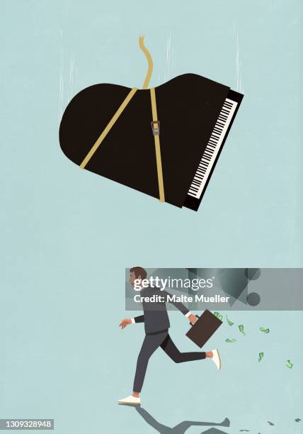 grand piano falling above businessman running with money - strap stock illustrations