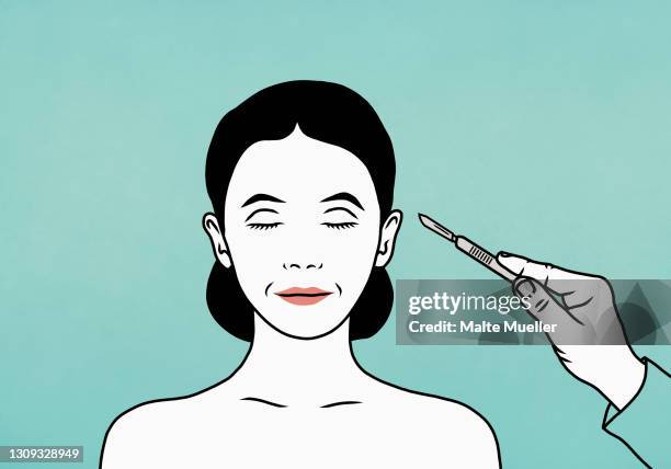 plastic surgeon with scalpel approaching face of female patient - vanity stock illustrations