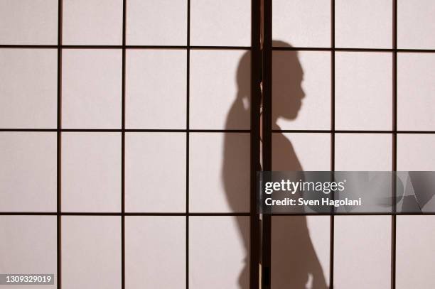shadow of young woman behind shoji sliding doors - shoji fotografías e imágenes de stock