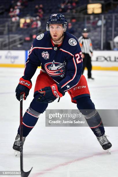 Stefan Matteau of the Columbus Blue Jackets skates against the Carolina Hurricanes at Nationwide Arena on March 25, 2021 in Columbus, Ohio.