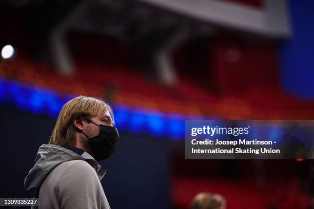 Evgeni Plushenko looks on in the Ladies Free Skating during day three of the ISU World Figure Skating Championships at Ericsson Globe on March 26,...