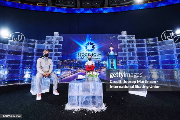 Alexandra Trusova of FSR looks on at the kiss and cry with her coach Evgeni Plushenko after the Ladies Free Skating during day three of the ISU World...