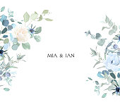 Creamy beige rose, anemone, dusty blue thistles, eucalyptus, greenery, juniper, brunia vector design frame