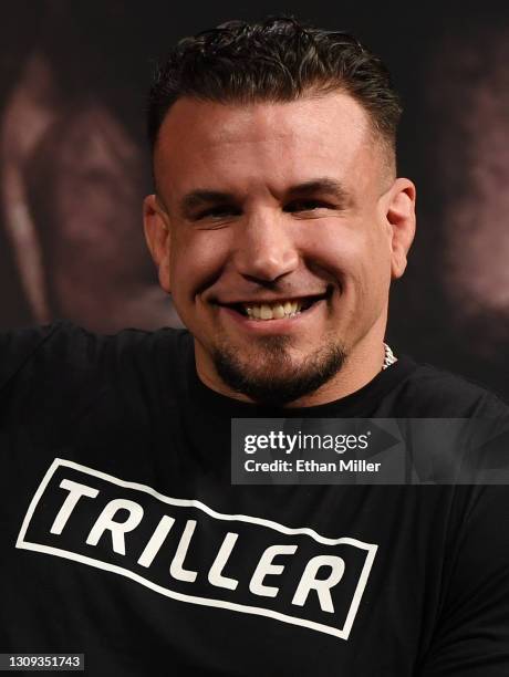 Frank Mir smiles during a news conference for Triller Fight Club's inaugural 2021 boxing event at The Venetian Las Vegas on March 26, 2021 in Las...