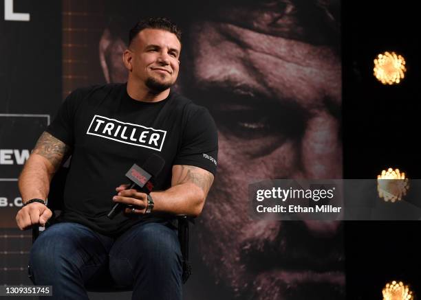 Frank Mir smiles during a news conference for Triller Fight Club's inaugural 2021 boxing event at The Venetian Las Vegas on March 26, 2021 in Las...