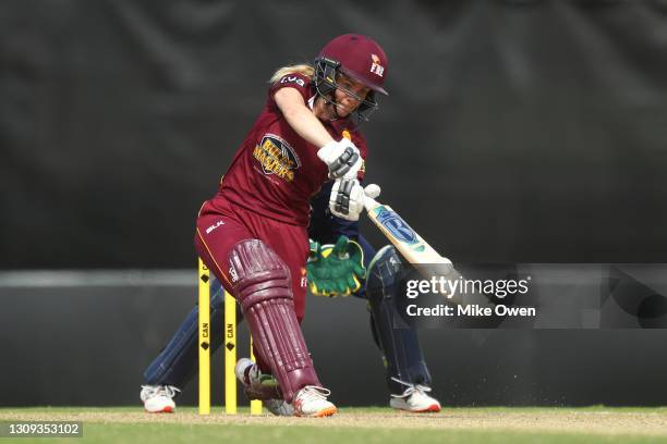 Georgia Redmayne of Queensland bats during the WNCL Final match between Victoria and Queensland Fire at Junction Oval on March 27, 2021 in Melbourne,...