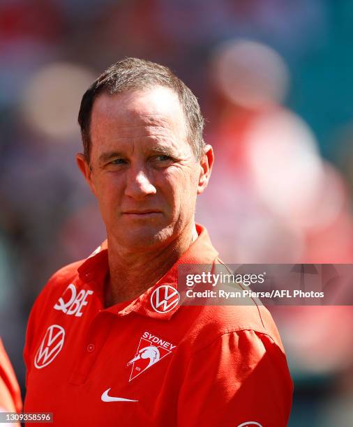 Don Pyke, assistant coach of the Swans, looks on during the round 2 AFL match between the Sydney Swans and the Adelaide Crows at Sydney Cricket...