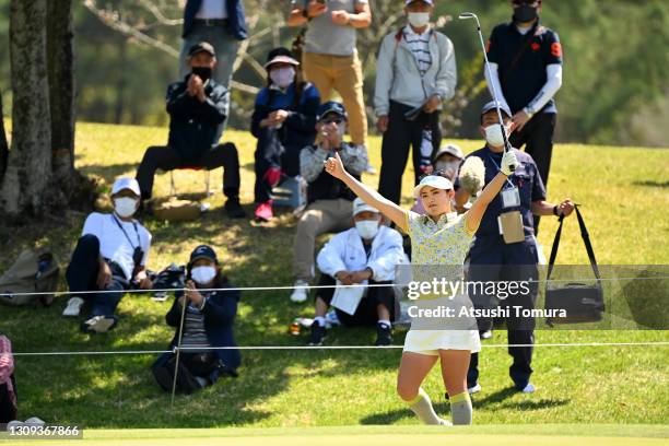 Yui Kawamoto of Japan celebrates her chip-in-birdie on the 9th hole during the second round of the AXA Ladies Golf Tournament at the UMK Country Club...