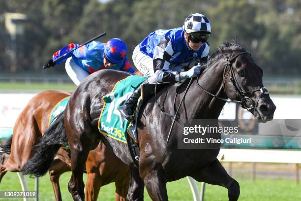 Jamie Kah riding Ironclad winning Race 8, the Bet365 Golden Mile, during the Golden Mile Raceday at Bendigo Racecourse on March 27, 2021 in Bendigo,...