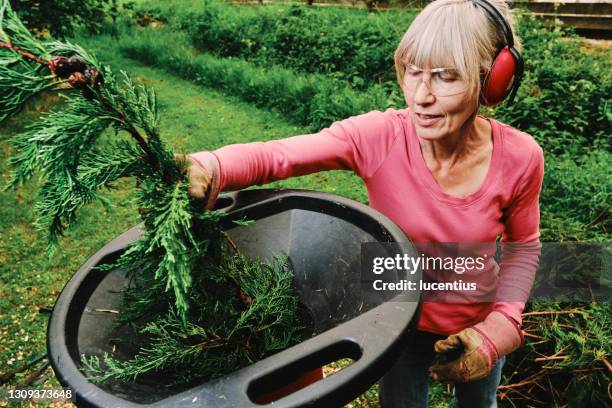 frau mit elektro-schredder im garten - gartengerät stock-fotos und bilder