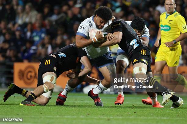 Ofa Tuungafasi of the Blues in his 100th game for the Blues during the round 5 Super Rugby Aotearoa match between the Chiefs and the Blues at FMG...