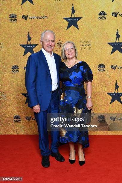 Malcom Turnbull and Lucy Turnbull attend the Australian premiere of Hamilton at Lyric Theatre, Star City on March 27, 2021 in Sydney, Australia.