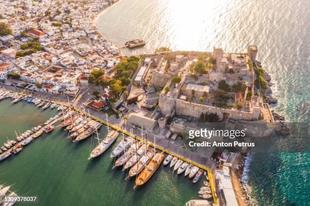 aerial view of the saint peter castle (bodrum kalesi) and ships in marina - bodrum stock pictures, royalty-free photos & images