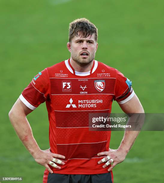 Ed Slater of Gloucester looks on during the Gallagher Premiership Rugby match between Gloucester and Exeter Chiefs at Kingsholm Stadium on March 26,...