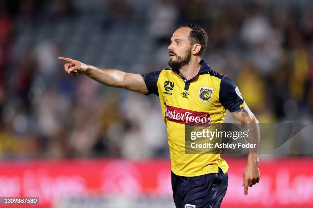 Marco Urena of the Mariners celebrates his goal during the A-League match between the Central Coast Mariners and Melbourne Victory at Central Coast...
