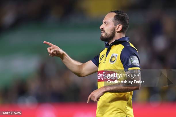 Marco Urena of the Mariners celebrates his goal during the A-League match between the Central Coast Mariners and Melbourne Victory at Central Coast...