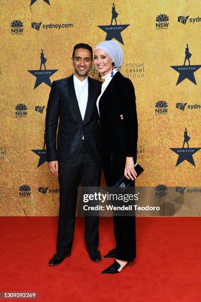 Waleed Aly and Susan Carland attend the Australian premiere of Hamilton at Lyric Theatre, Star City on March 27, 2021 in Sydney, Australia.