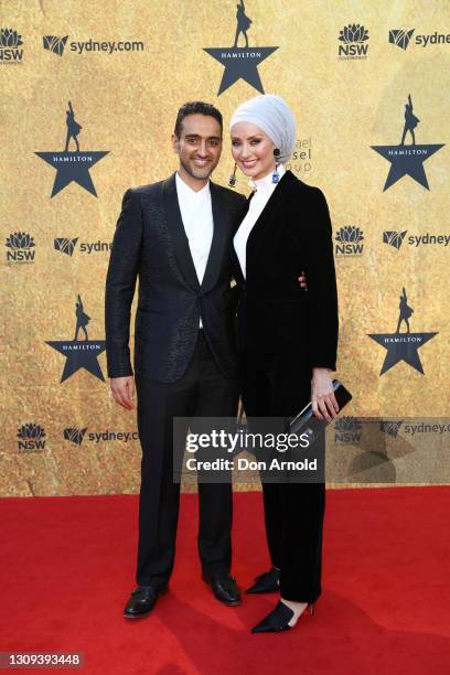 Waleed Aly and Susan Carland attends the Australian premiere of Hamilton at Lyric Theatre, Star City on March 27, 2021 in Sydney, Australia.
