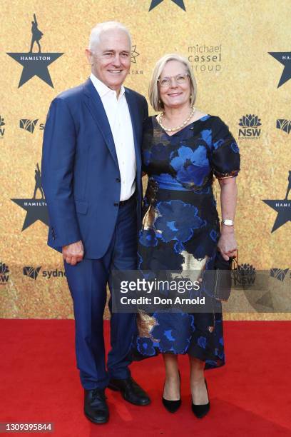 Malcolm Turnbull and Lucy Turnbull attend the Australian premiere of Hamilton at Lyric Theatre, Star City on March 27, 2021 in Sydney, Australia.