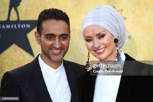 Waleed Aly and Susan Carland attends the Australian premiere of Hamilton at Lyric Theatre, Star City on March 27, 2021 in Sydney, Australia.