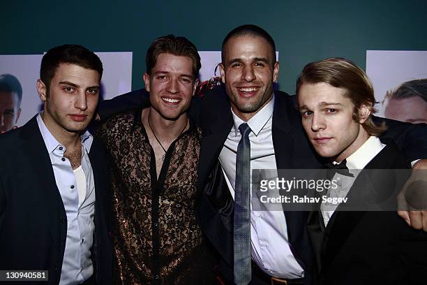 Max Rhyser, Ronnie Kroell, Ben Pamies and Chase Coleman attend Ronnie Kroell's 28th birthday at Hudson Terrace on February 1, 2011 in New York City.