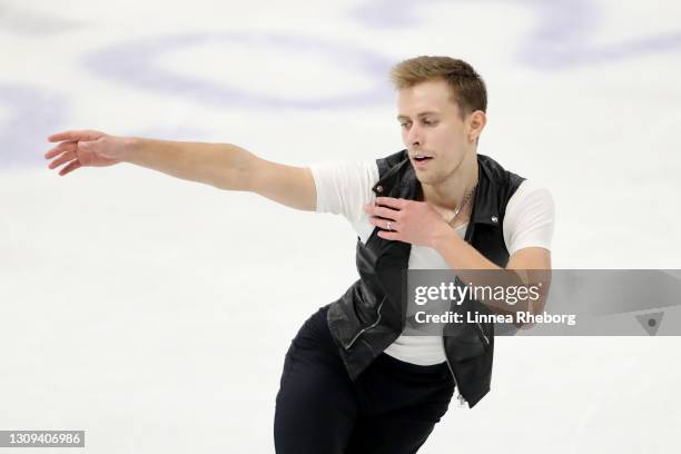 Michal Brezina of Czech Republic performs in Men Free Skating during day four of the ISU World Figure Skating Championships at Ericsson Globe on...