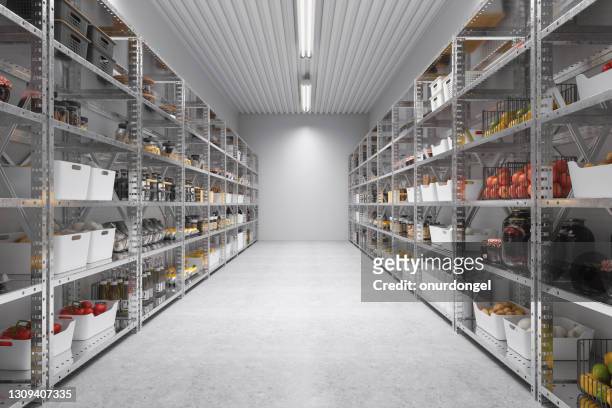 storage room of a restaurant or a cafe with nonperishable food staples, preserved foods, healthy eating, fruits and vegetables. - storage room stock pictures, royalty-free photos & images