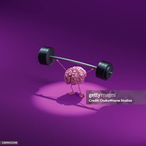 human brain weightlifting barbell above. illuminated by spotlight, purple background. brain training to prevent senile dementia. - human internal organs 3d model stock pictures, royalty-free photos & images