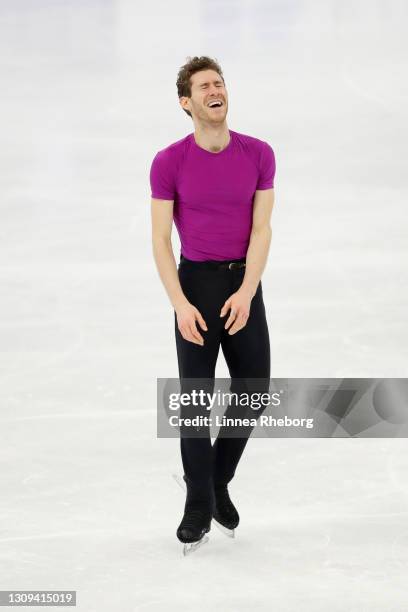 Jason Brown of United States reacts after his performance in Men Free Skating during day four of the ISU World Figure Skating Championships at...