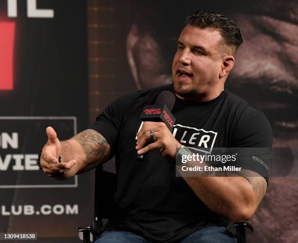 Frank Mir speaks during a news conference for Triller Fight Club's inaugural 2021 boxing event at The Venetian Las Vegas on March 26, 2021 in Las...