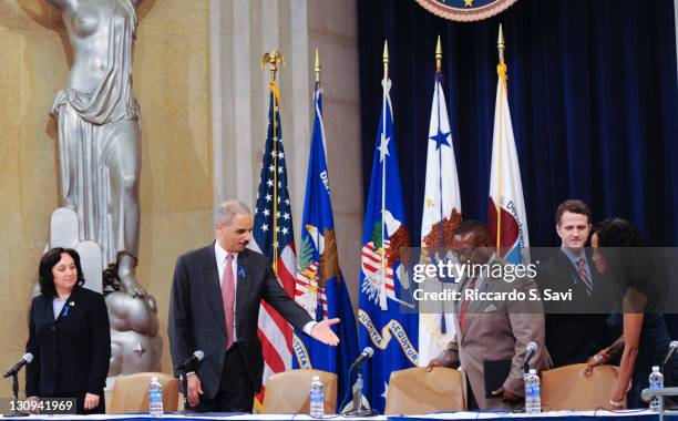 Drug Enforcement Agency Administrator Michele Leonhart,U.S. Attorney General Eric Holder, actor Wendell Pierce, actor Jim True-Frost, and actor Sonja...