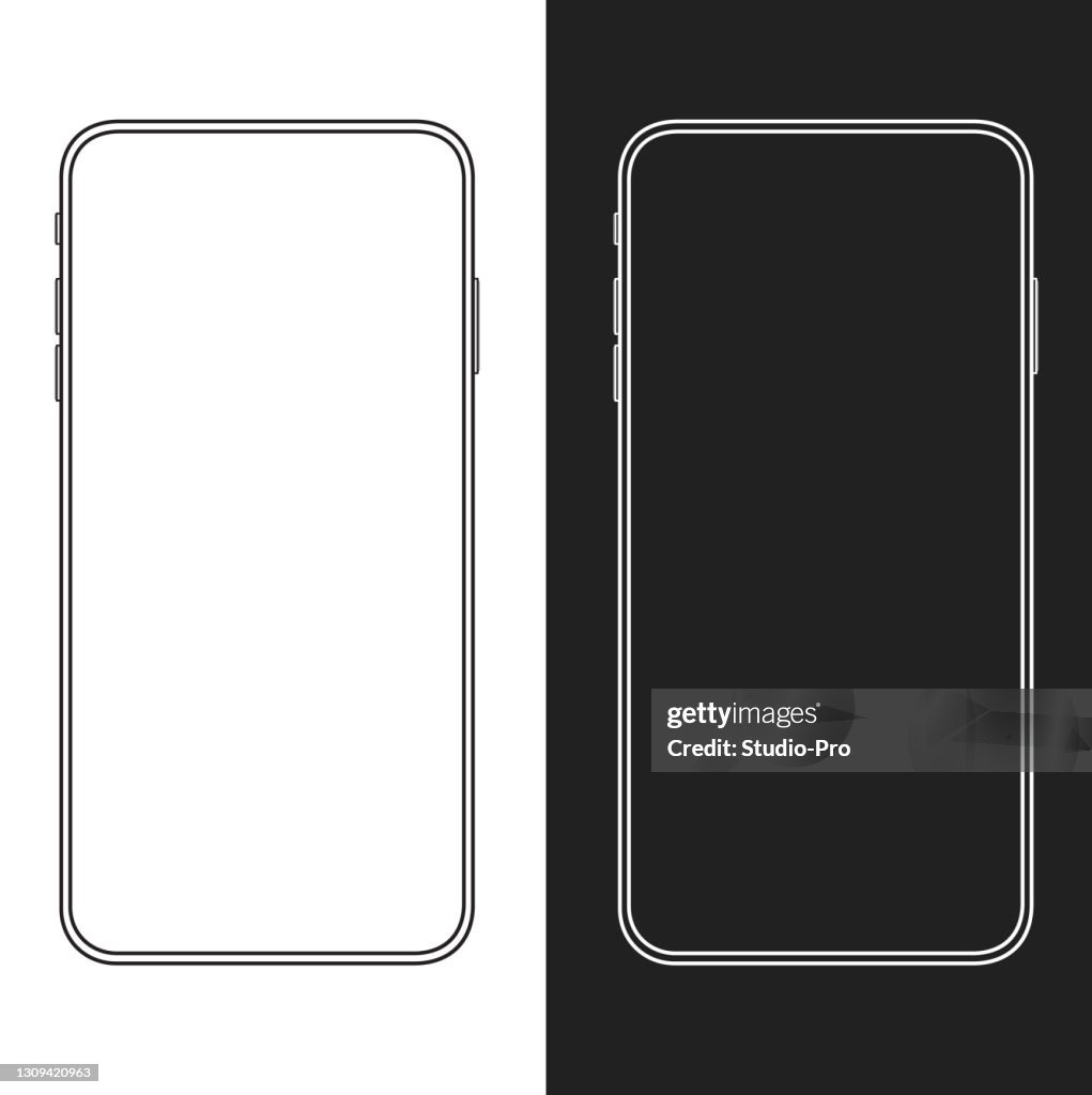 Neue Version des schlanken Smartphones ähnlich dem Iphone mit leerem weißen und schwarzem Hintergrund. Gliederungsvektor-Illustration
