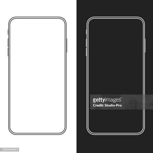 new version of slim smartphone similar to iphone with blank white and black background. outline vector mockup - smartphone stock illustrations