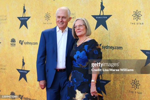 Malcom Turnbull and Lucy Turnbull attend the Australian premiere of Hamilton at Lyric Theatre, Star City on March 27, 2021 in Sydney, Australia.